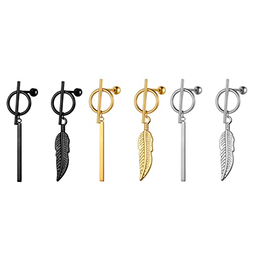 Flongo Damen Asymmetrische Ohrringe Ohrstecker Creolen Ohrhänger in Silber Gold Schwarz Stecker mit hängenden Feder Anhänger für Frauen 3 Paar Set von Flongo