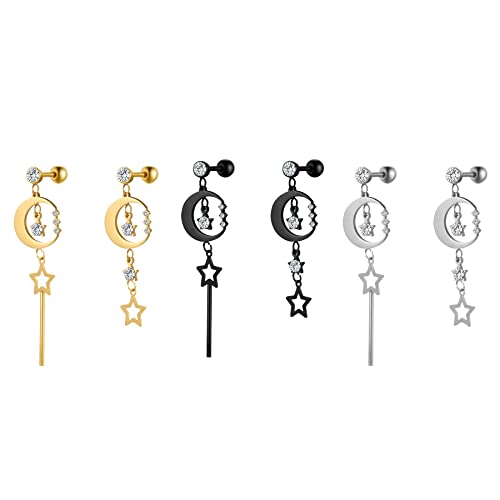 Flongo Damen Asymmetrische Ohrringe Ohrstecker Creolen Ohrhänger in Silber Gold Schwarz Stecker mit hängenden Stern Anhänger für Frauen 3 Paar Set von Flongo