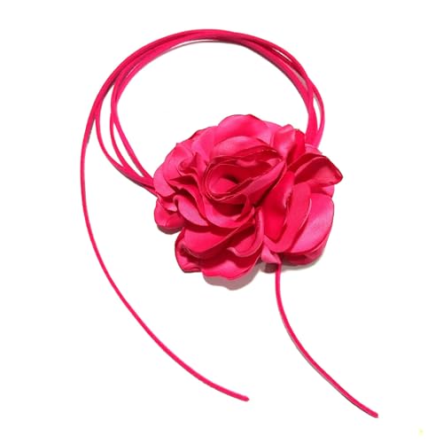 Flongo Damen Blumen Choker Pink: Barbie Halskette Kette Frauen Rose Blume Women Blumenkrawatte Leder Halsband Flower Necklace Vintage Gothic Geschenk für Kinder Mädchen Abschlussball Party von Flongo