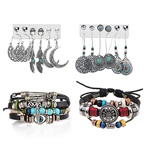 Flongo Damen Böhmische Ohrringe Halskette Armband Hängend Boho Style Ohrstecker Set Dangle Drop für Frauen Mädchen Sommer Strand Set B von Flongo