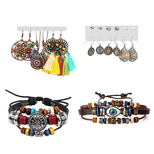 Flongo Damen Böhmische Ohrringe Set Halskette Armband Hängend Boho Style Ohrstecker Ohrhänger Set Dangle Drop für Frauen Mädchen Sommer Strand von Flongo