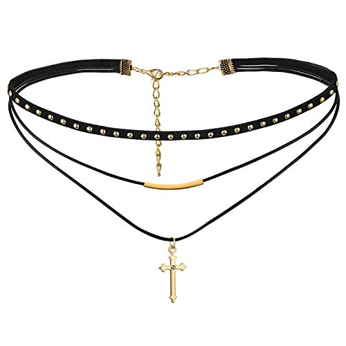 Flongo Damen Choker Halskette Leder Samt Halsband Velvet schwarz mit Gold Kreuz Cross Anhänger Punk Gothic Kette Lederband Verstellbar für Mädchen Herren Frauen Halloween Kleid Kostüm von Flongo