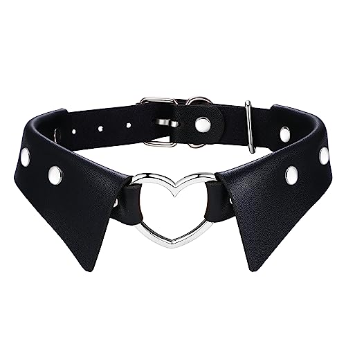 Flongo Damen Choker Leder schwarz mit Herz Nieten Gothic Halsband mit collar Kragen Tattoo Kette punk krawatte breit PU-Leder Halskette gotik Party Cosplay accessoires für Frauen Mädchen verstellbar von Flongo