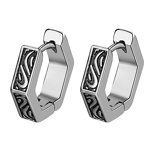 Flongo Damen Creolen Ohrringe Wikinger silber Huggie Ohrstecker Eckig Geometrisch Sechseck Edelstahl Hoop Gothic Ohrschmuck punk earrings für Herren Frauen Mädchen Weihnachten von Flongo