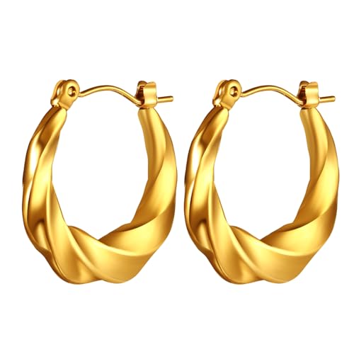 Flongo Damen Gold Chunky Ohrringe: Dicke Geometrische Ohrstecker Gedrehte twist Klein Hoop Huggie Klobig Klapp creolen Edelstahl vergoldet statement earrings dupes Mode Schmuck Geschenk Frauen von Flongo