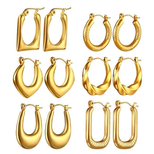 Flongo Damen Gold Chunky Ohrringe: Dicke Geometrische Ohrstecker Set 6 Paare Herz Dreieck Oval Rund Rechteckig twist Klein Hoop Klobig Klapp creolen Edelstahl vergoldet statement earrings dupes Frauen von Flongo