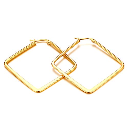 Flongo Damen Groß Ohrringe, 20-50mm Breite Edelstahl Gestüt Reifen Huggie Ohrringe Creolen Gold Golden große viereckig quadratisch Poliert Charme Elegant Damen Frauen von Flongo