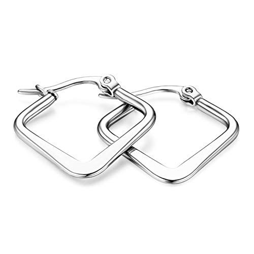 Flongo Damen Groß Ohrringe, 20-50mm Breite Edelstahl Gestüt Reifen Huggie Ohrringe Creolen Silber große viereckig quadratisch Poliert Charme Elegant Damen Frauen von Flongo
