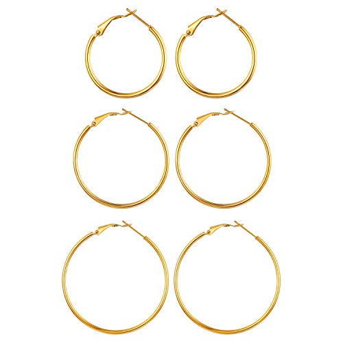 Flongo Damen Groß Ohrringe 3 Paar Set Gestüt Reifen Huggie Ohrringe Creolen Gold große Runden Poliert Chic Elegant Damen Frauen von Flongo