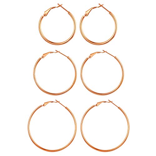 Flongo Damen Groß Ohrringe 3 Paar Set Gestüt Reifen Huggie Ohrringe Creolen Rose Gold große Runden Poliert Chic Elegant Damen Frauen von Flongo