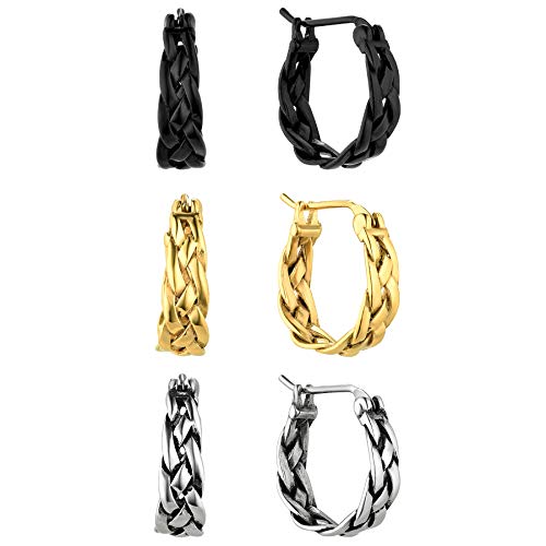 Flongo Damen Groß Ohrringe Creolen Gestüt Reifen Huggie große geflochten runden Ohrringe Silber Gold Schwarz Poliert Charme Elegant Frauen 3 Paar Set von Flongo