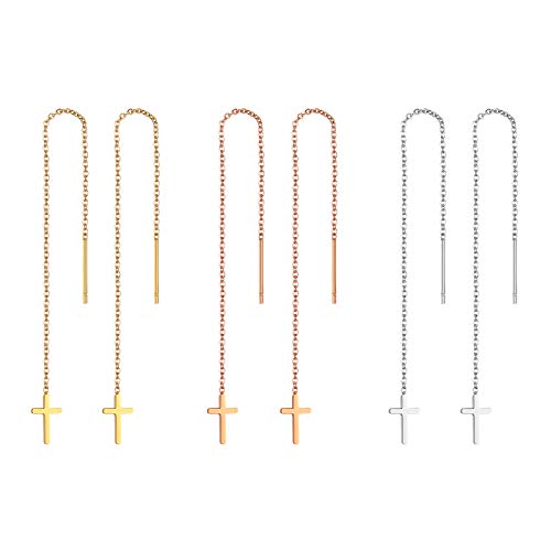 Flongo Damen Stäbchen Durchzieher Ohrringe Lange Quaste Einfädler Ohrringe Frauen Ohrhänger Ohrstecker Ohrkette Ohrseil mit Kreuz Anhänger Silber Gold Rosegold 3 Stück Set von Flongo