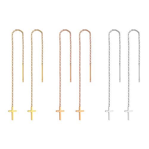 Flongo Damen Stäbchen Durchzieher Ohrringe Lange Quaste Einfädler Ohrringe Frauen Ohrhänger Ohrstecker Ohrkette Ohrseil mit Kreuz Anhänger Silber Gold Rosegold 3 Stück Set von Flongo