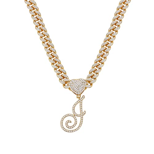 Flongo Damen Halskette Buchstabe Panzerkette: Gold Kubanische Kette Strass Glitzer Iced out Chunky Miami modeschmuck Initiale Halskette mit J Anhänger Kuban Choker Geschenk für Frauen Mädchen von Flongo