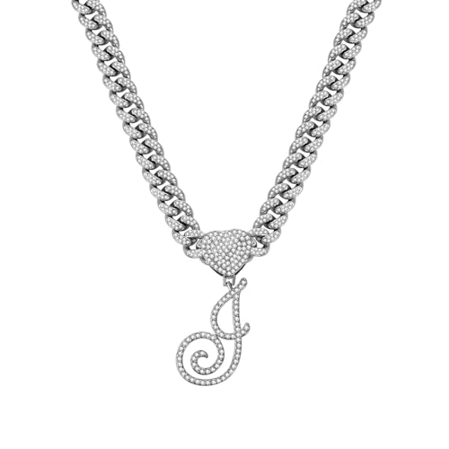 Flongo Damen Halskette Buchstabe Panzerkette: Silber Kubanische Kette Strass Glitzer Iced out Chunky Miami modeschmuck Initiale Halskette mit J Anhänger Kuban Choker Geschenk für Frauen Mädchen von Flongo