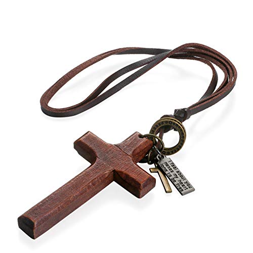 Flongo Damen Halskette Kette Männer Anhänger, Anhänger Leder Halskette mit Rosenkranz Bibel Gravur Kreuz aus Holz Schwarz Braun Jahrgang Damen Herren-Accessoires von Flongo