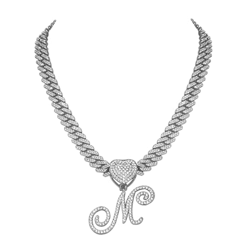 Flongo Damen Kette Silber Halskette: Iced out cuban link chain Kuban Plattenkette statement panzerkette modeschmuck Frauen choker hip hop schmuck ketten mit A Anhänger Geschenk für Herren Mädchen von Flongo