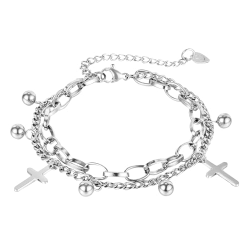 Flongo Damen Kreuz Armband Edelstahl: silber Armkette Mehrschichtige Kreuz und Perlen Charm Kette kommunion verstellbare Länge Cross chain bracelet Geschenk für Frauen Teenager Mädchen von Flongo