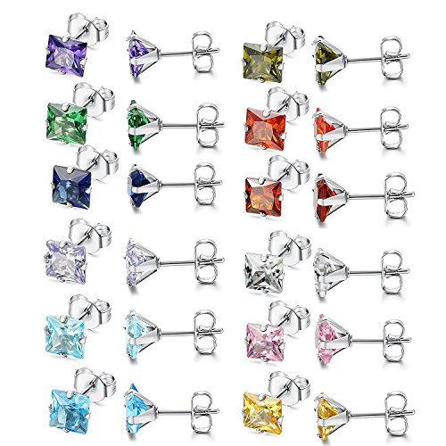 Flongo Damen Ohrstecker, 24 Stück Edelstahl Gestüt Stecker Ohrringe Ohrstecker Ohrhänger Silber Farbige Quadrat CZ Zirkon Zirkonia Charm Charme Elegant 12 Paar Set 3mm von Flongo