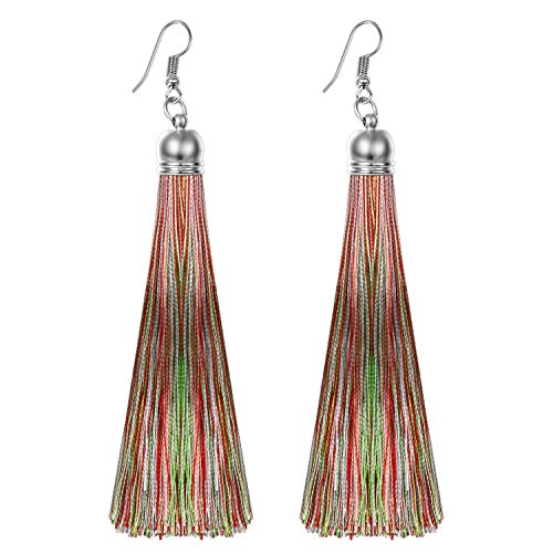 Flongo Damen Ohrringe, Lange Tropfen Troddel Quasten Kugel Anhänger Ohrring Baumeln Böhmische Ohrringe Ohrstecker Ohrhänger Bunt Mehrfarbig Troddel Damen Frauen von Flongo