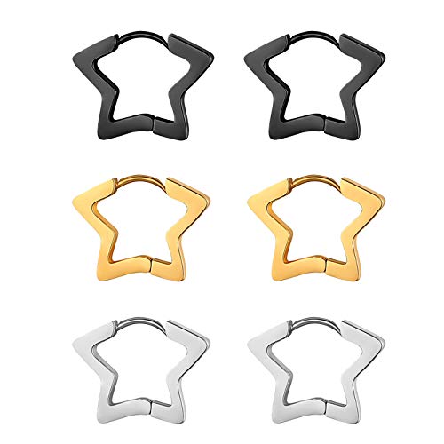 Flongo Damen Ohrringe Creolen Frauen Ohrstecker, Edelstahl Gestüt Reifen Huggie Ohrringe Silber Gold Schwarz Pentagramm Stern Form Poliert Elegant 6 Stück Set von Flongo