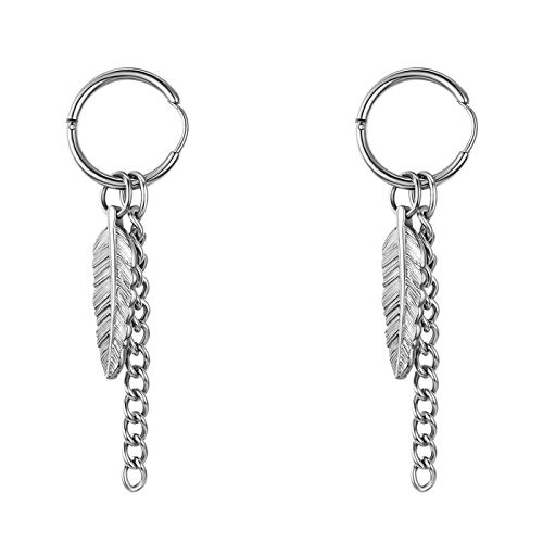 Flongo Damen Ohrringe Herren Ohrstecker, Edelstahl Gestüt Stecker Creolen Huggie Ohrhänger Silber Feder Kette hängend Anhänger Gotik Frauen Männer von Flongo