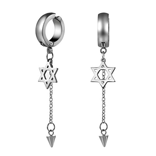 Flongo Damen Ohrringe Herren Ohrstecker Creolen, Edelstahl ohne Loch Ohrklemme Ohrkette Silber Hexagramm Anhänger Kette Quasten Troddel Hängende Tropfen Ohrringe Männer Frauen von Flongo