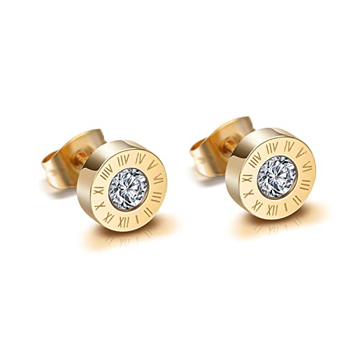 Flongo Damen Ohrringe Herren Ohrstecker Knopf Gestüt Stecker Ohrhänger Fakeplugs mit Zirkonia und Römischen Ziffern Gravur Ohrschmuck Gold von Flongo