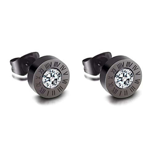 Flongo Damen Ohrringe Herren Ohrstecker Knopf Gestüt Stecker Ohrhänger Fakeplugs mit Zirkonia und Römischen Ziffern Gravur Ohrschmuck Schwarz von Flongo