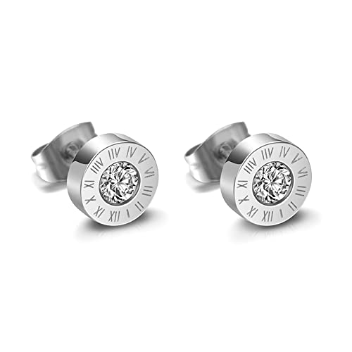 Flongo Damen Ohrringe Herren Ohrstecker Knopf Gestüt Stecker Ohrhänger Fakeplugs mit Zirkonia und Römischen Ziffern Gravur Ohrschmuck Silber von Flongo