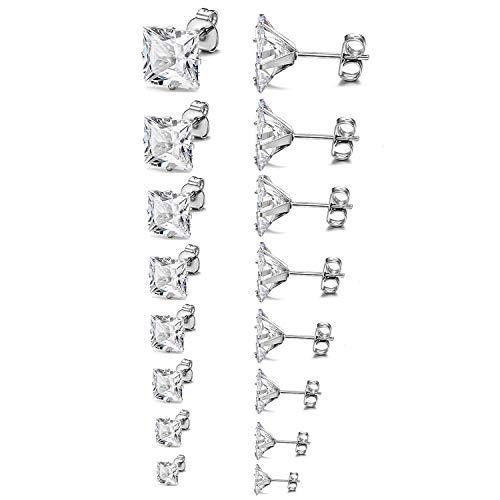 Flongo Damen Ohrringe Herren Ohrstecker Männer Frauen, 16 Stück 3-10mm Edelstahl Gestüt Stecker Ohrhänger Silber Weiß Quadrat Rechteck CZ Zirkon Zirkonia Charm Charme Elegant Set (8 Paar) von Flongo