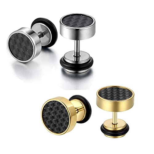 Flongo Damen Ohrringe Knopf Männer Ohrstecker, 4 Stück Gestüt Stecker mit Kohlenstoff Carbon Fiber Kohlefaser Herren Ohrringe Ohrstecker Ohrhänger Schwarz Gold Silber Taper Fake Plug Tunnel von Flongo