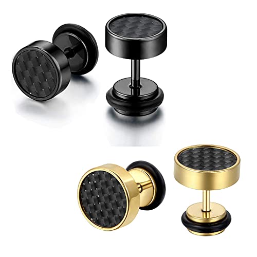 Flongo Damen Ohrringe Knopf Männer Ohrstecker, 4 Stück Gestüt Stecker mit Kohlenstoff Carbon Fiber Kohlefaser Herren Ohrringe Ohrstecker Ohrhänger Schwarz Gold Silber Taper Fake Plug Tunnel von Flongo