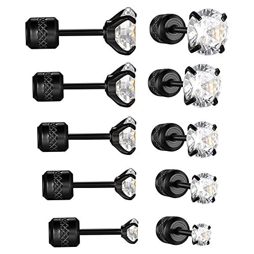 Flongo Damen Ohrringe Mädchen Ohrstecker Schwarz mit Weiß Zirkonia Kugel Perle Perlen Charm Charme Elegant Set (5 Paar) für Frauen von Flongo