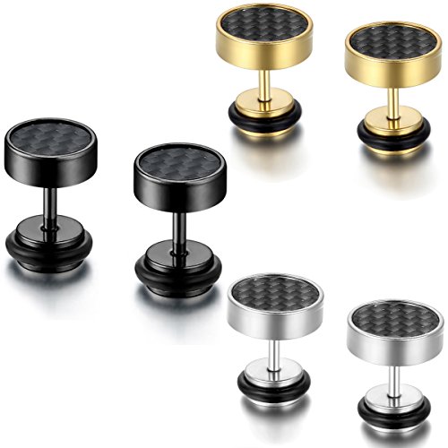 Flongo Damen Ohrringe Männer Ohrstecker, 6 Stück Gestüt Stecker Kohlenstoff Carbon Fiber Kohlefaser Herren Ohrringe Ohrstecker Ohrhänger Schwarz Silber Taper Fake Plug Tunnel aus Edelstahl von Flongo