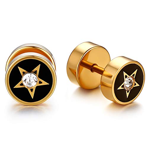 Flongo Damen Ohrringe 8mm Fake Tunnel Edelstahl Stern Illusion mit Strass Zirkonia Männer Frauen Ohrstecker Gestüt Stecker Ohrringe Fake plug verjüngt Cheater Faux Ohrschmuck Silber Gold Schwarz von Flongo