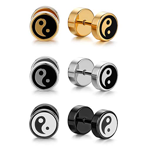 Flongo 3 Paare Damen Ohrringe Set 8mm Edelstahl Fake Tunnel Tai chi Yin Yang Illusion Ohrstecker Männer Gestüt Piercing Cheater Hanteln Ohrschmuck Silber Gold Schwarz mit Schaubverschluss von Flongo