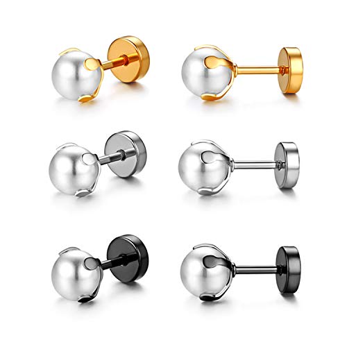 Flongo Damen Ohrringe Ohrstecker, 6/8mm Edelstahl Gestüt Stecker Ohrringe Ohrstecker Ohrhänger Silber Gold Schwarz Weiß Kugel Perle Perlen Elegant Set (3 Paar) Frauen von Flongo