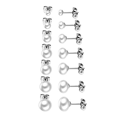 Flongo Damen Perlen Ohrringe Set Ohrstecker Frauen 14 Stück 4-10mm Edelstahl Gestüt Perlenohrringe Stecker Ohrhänger Silber Weiß Kugel Perle Perlen Charm Charme Elegant Set (7 Paar) von Flongo