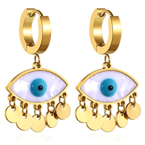 Flongo Damen Ohrringe Türkisches Auge: evil eye gold Hoop baumelnd Huggie Creolen groß Statement Ohrstecker Quasten charm chunky böser blick Edelstahl vergoldet goldene Earrings Glücksamulett Frauen von Flongo