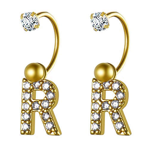 Flongo Damen Ohrstecker Anfangsbuchstabe A-Z Ohrringe Ohrhänger mit hängendem Namen 26 Alphabete Großbuchstabe Anhänger für Frauen Gold Buchstabe R von Flongo