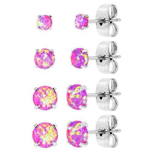 Flongo Damen Ohrstecker Knopf Ohrringe, 3-6mm Ohrstecker Gestüt Stecker Ohrhänger Tunnel Illusion Fakeplugs Ohrstecker aus 316L Edelstahl mit Opal Stein 4 Paar Lila von Flongo