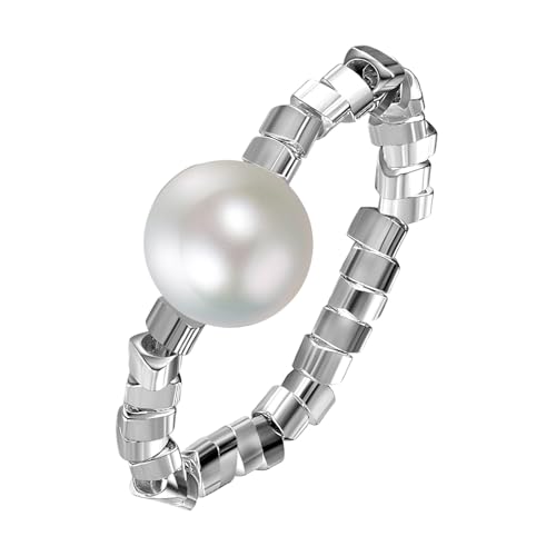 Flongo Damen Perlen Ring Elastisch: Barock Perlenring 7mm echt Süßwasserperlen weiß Ringe Pearl rings silber stapelbar Daumen Ring anti Stress Stretchringe Glitzer Geschenk für Frauen Mädchen von Flongo