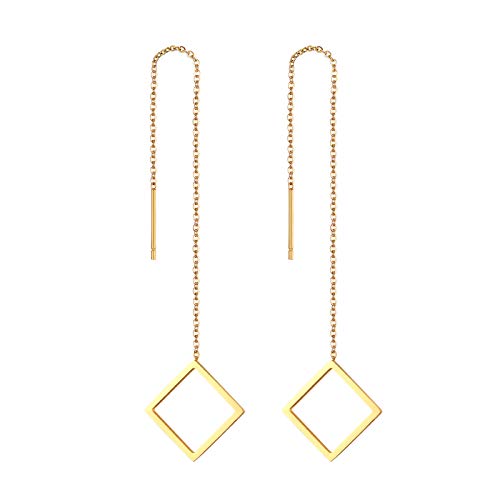 Flongo Damen Stäbchen Durchzieher Ohrringe Lange Quaste Einfädler Ohrringe Frauen Ohrhänger Ohrstecker Ohrkette Ohrseil mit Karo Rahmen Anhänger Gold von Flongo