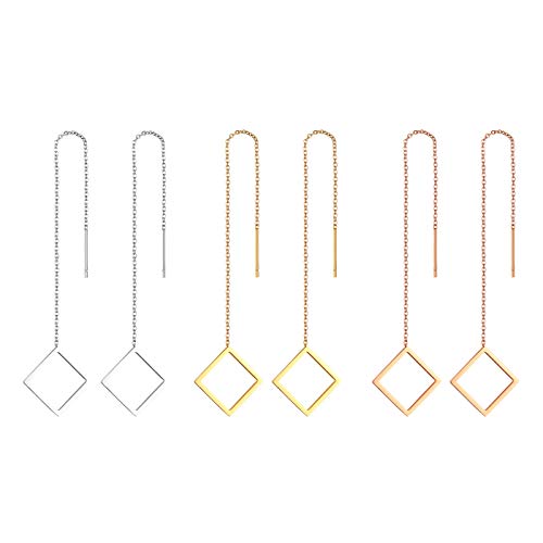 Flongo Damen Stäbchen Durchzieher Ohrringe Lange Quaste Einfädler Ohrringe Frauen Ohrhänger Ohrstecker Ohrkette Ohrseil mit Karo Rahmen Anhänger Silber Gold Rosegold 6 Stück Set von Flongo