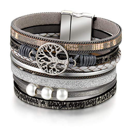 Flongo Damen Wickelarmband Multilayer Armband Boho Lederarmband mit Perlen Lebensbaum Magnetverschluss für Frauen Mädchen von Flongo