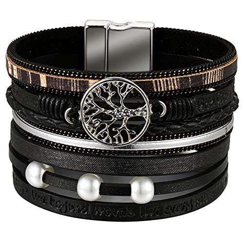 Flongo Damen Wickelarmband Multilayer Armband Boho Lederarmband mit Perlen Lebensbaum Magnetverschluss für Frauen Mädchen von Flongo