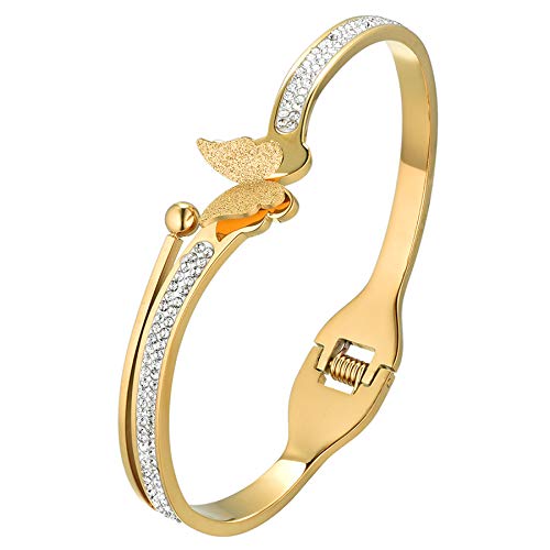 Flongo Damenarmband Edelstahlarmband Damen Armband Frauen Armreif BFF Ketten mit gefassten Strass Schmetterling Gold Golden Elegant für Frauen von Flongo