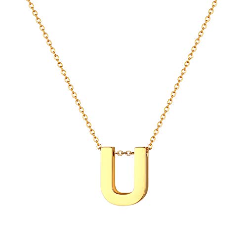 Flongo Damenkette Frauen Anhänger Kette Halskette aus Edelstahl Name Alphabete U Buchstaben Anhänger in Gold Ton Elegant von Flongo