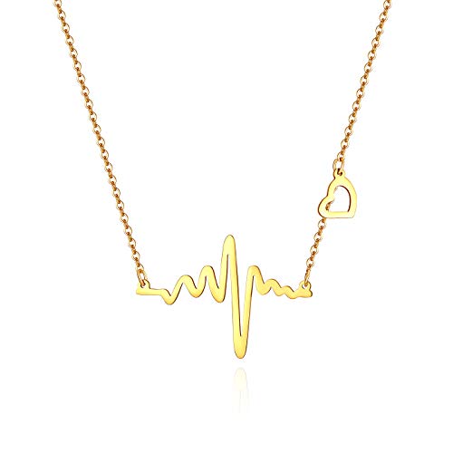 Flongo Damenkette Frauen Anhänger Kette Halskette mit Elektrokardiogramm EKG Herzschlag und Herz Anhänger in Gold Medaillon aus Edelstahl Minimalist Design von Flongo